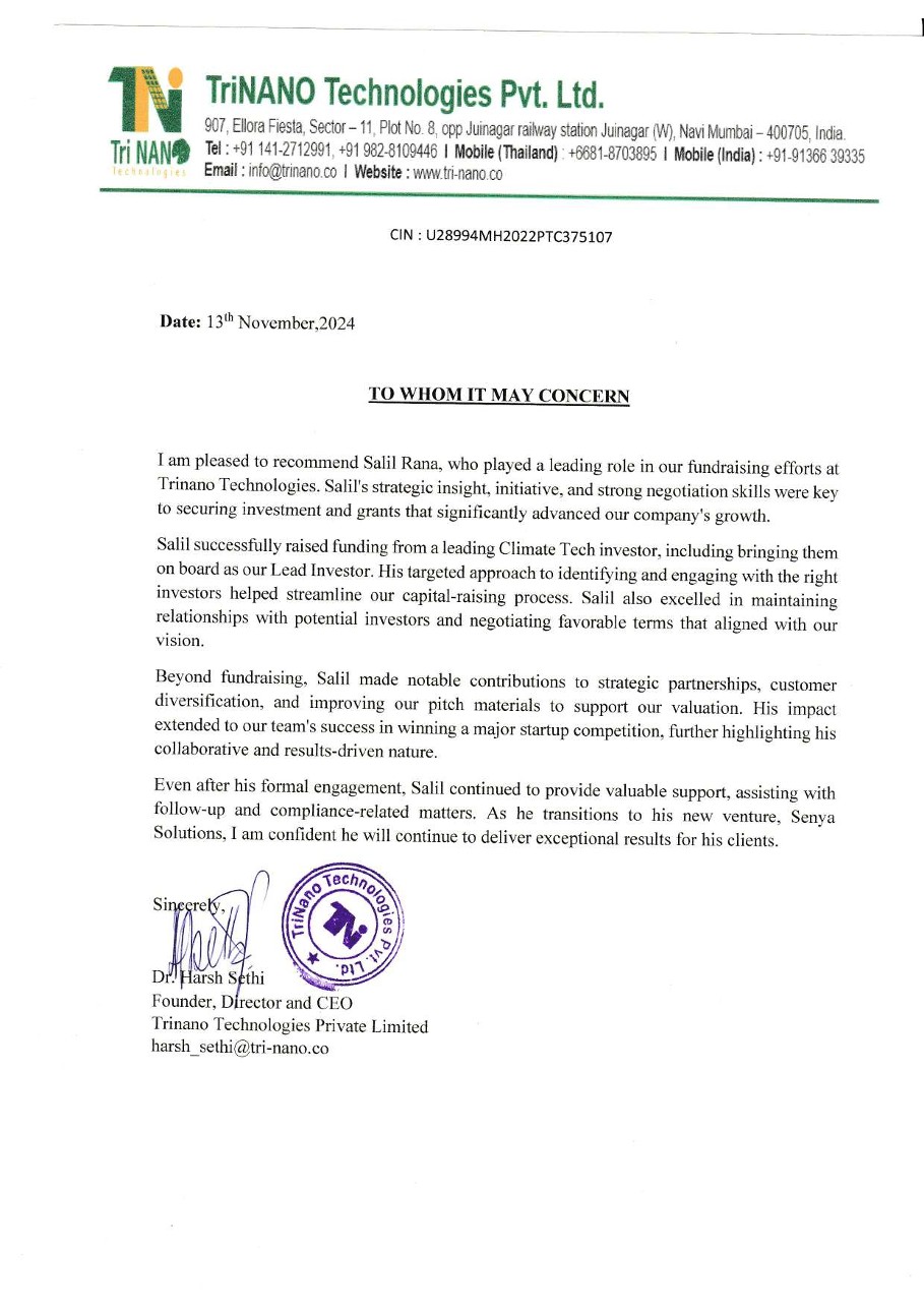 Recommendation letter for Salil Rana from TriNANO Technologies