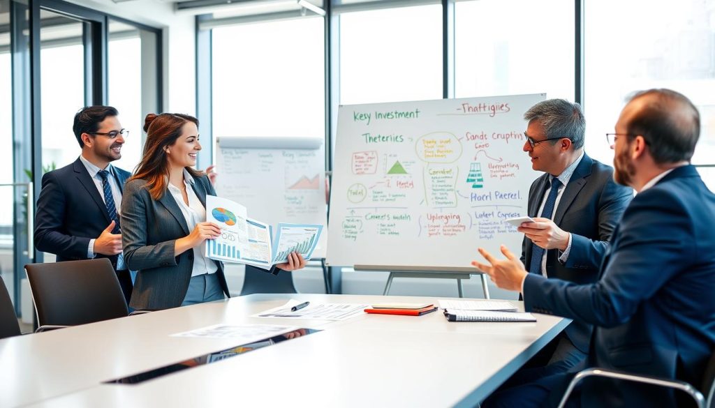 A bright, modern office space serves as the backdrop, filled with natural light from large windows. In the foreground, a diverse group of three professionals—two men and one woman—are gathered around a sleek conference table, engaged in animated discussion. The woman, in a smart blazer and tailored blouse, is presenting a stack of beautifully designed investment materials, showcasing graphs and charts. The men, dressed in business suits, are attentively taking notes and sharing insights. In the middle ground, a large whiteboard is filled with colorful, handwritten strategies and key investment themes. The atmosphere is dynamic and focused, with a sense of collaboration and professionalism. Soft lighting enhances the clarity of details, while a slight depth of field emphasizes the engaged group at the table.