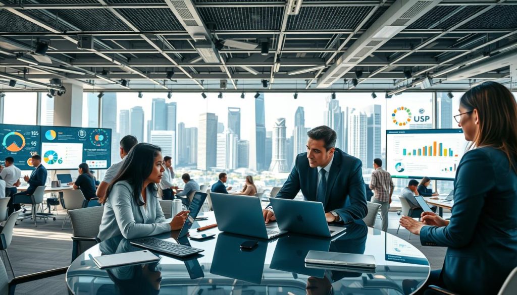 A bustling Singaporean startup hub filled with diverse professionals collaborating, showcasing a variety of industries such as technology, finance, and healthcare. In the foreground, a group of three individuals in professional attire—a South Asian woman, a Caucasian man, and a Hispanic woman—engaged in a brainstorming session around a high-tech conference table, with laptops and digital devices scattered around them. In the middle ground, large screens display graphs and charts illustrating market opportunities and industry trends. The background features a panoramic view of the iconic Singapore skyline, with modern skyscrapers gleaming under natural sunlight. The overall atmosphere is dynamic and optimistic, conveying collaboration and innovation, captured with a wide-angle lens and soft, bright lighting. A bustling Singaporean startup hub filled with diverse professionals collaborating, showcasing a variety of industries such as technology, finance, and healthcare. In the foreground, a group of three individuals in professional attire—a South Asian woman, a Caucasian man, and a Hispanic woman—engaged in a brainstorming session around a high-tech conference table, with laptops and digital devices scattered around them. In the middle ground, large screens display graphs and charts illustrating market opportunities and industry trends. The background features a panoramic view of the iconic Singapore skyline, with modern skyscrapers gleaming under natural sunlight. The overall atmosphere is dynamic and optimistic, conveying collaboration and innovation, captured with a wide-angle lens and soft, bright lighting.