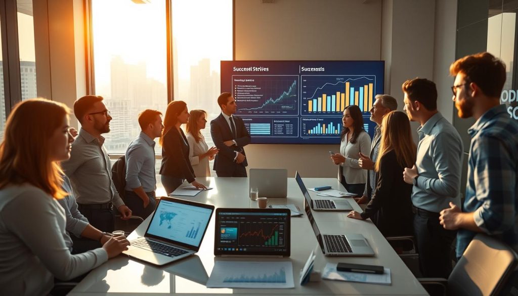 A bustling modern tech startup office, with individuals in professional business attire engaged in discussions around a large digital screen displaying market trends, graphs, and success stories. In the foreground, a diverse group of entrepreneurs, including men and women, are animatedly exchanging ideas. The middle ground showcases a sleek conference table with laptops and tablets, featuring charts and insights from successful global ventures. In the background, large windows reveal a skyline of a vibrant city, bathed in warm, natural light that creates an optimistic atmosphere. The overall mood is one of innovation, collaboration, and forward-thinking, captured from a slightly elevated angle to encompass the energy of the space.