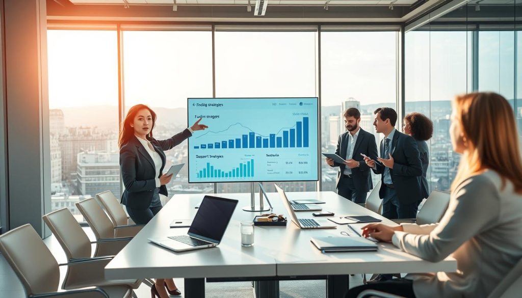 A collaborative scene illustrating Europe startup fundraising support strategies, featuring a diverse group of professionals in a modern office environment. In the foreground, a confident woman in a smart business suit points to a digital screen displaying financial graphs and funding strategies. Adjacent, a man in casual yet polished attire takes notes, representing investors and startups engaging in discussion. The middle ground includes a large conference table adorned with laptops and documents, signifying active collaboration. In the background, floor-to-ceiling windows showcase a bustling European cityscape, bathed in warm sunlight to create an optimistic atmosphere. The overall mood is focused and energetic, symbolizing innovation and opportunity in the fundraising landscape. A collaborative scene illustrating Europe startup fundraising support strategies, featuring a diverse group of professionals in a modern office environment. In the foreground, a confident woman in a smart business suit points to a digital screen displaying financial graphs and funding strategies. Adjacent, a man in casual yet polished attire takes notes, representing investors and startups engaging in discussion. The middle ground includes a large conference table adorned with laptops and documents, signifying active collaboration. In the background, floor-to-ceiling windows showcase a bustling European cityscape, bathed in warm sunlight to create an optimistic atmosphere. The overall mood is focused and energetic, symbolizing innovation and opportunity in the fundraising landscape.