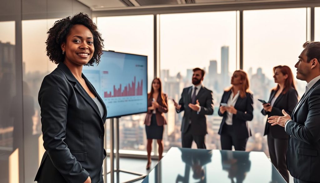 A confident and professional emerging fund manager presenting to potential investors in a sleek modern conference room. In the foreground, a well-dressed Black woman stands beside a large digital presentation screen showcasing financial graphs and statistics, her expression focused and engaging. In the middle ground, a diverse group of attentive investors, dressed in tailored business attire, gestures actively, reflecting their interest and discussion. The background features large windows offering a panoramic view of a bustling city skyline bathed in warm afternoon light. Soft shadows add depth, and the overall atmosphere conveys a sense of opportunity and collaboration in the fundraising process, emphasizing trust and professionalism.