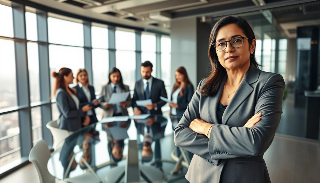 A confident business professional, a middle-aged South Asian woman in smart attire, stands at the forefront of a modern office, engaging in a thoughtful discussion about fintech fundraising. In the middle ground, a diverse group of four investors, in business attire, gather around a sleek glass conference table, reviewing documents and expressing interest. The background features large windows with a panoramic cityscape view, infused with warm, natural light that creates a welcoming atmosphere. The scene conveys a sense of professionalism, collaboration, and focus, emphasizing clarity and confidence in investor conversations. The overall mood is optimistic and dynamic, suggesting active engagement and mutual understanding. Shot with a 35mm lens to capture depth and detail, highlighting expression and interaction without any text or distractions.
