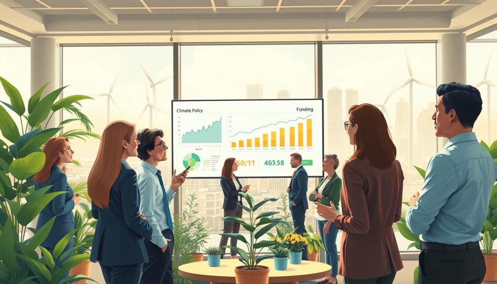 Professionals reviewing the impact of policy on climate tech funding