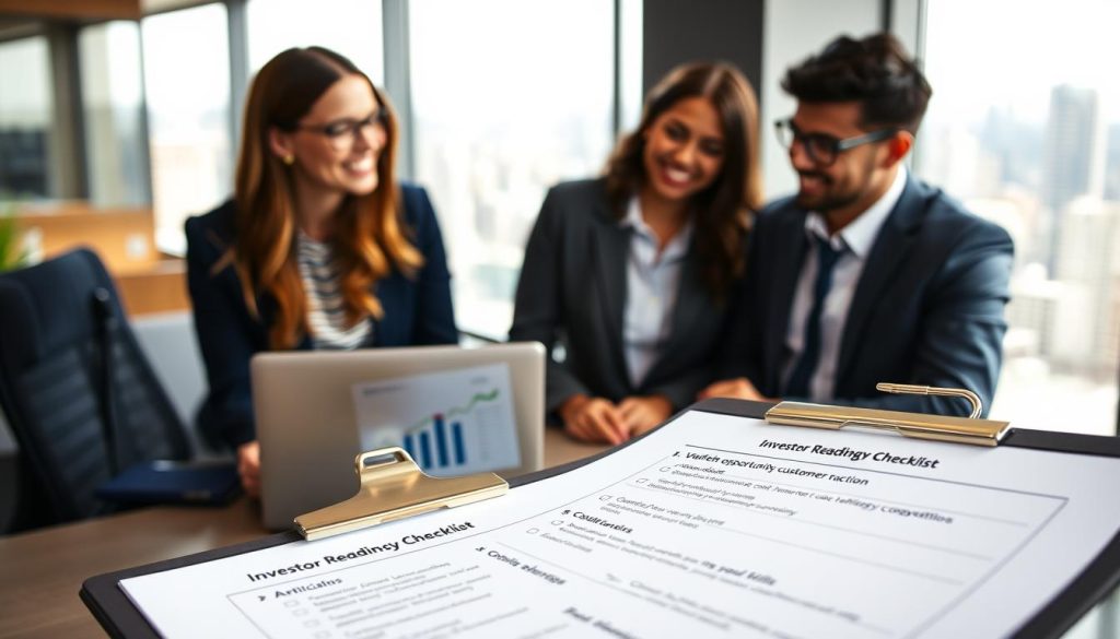 A detailed investor readiness checklist displayed on a sleek, modern clipboard in a professional office setting. In the foreground, the checklist is prominently detailed with sections for validating market opportunity, customer traction, financial metrics, and competitive analysis. In the middle ground, a laptop with charts and graphs is open, reflecting data analytics and growth figures. In the background, a window reveals a bustling cityscape, symbolizing opportunity and market presence. Soft, natural lighting illuminates the workspace, creating a productive atmosphere. The focus is on a diverse group of three professionals in business attire—two women and one man—discussing the checklist with enthusiasm and engagement, conveying a sense of readiness and ambition. The overall mood is optimistic and focused, emphasizing preparation for capital raising.