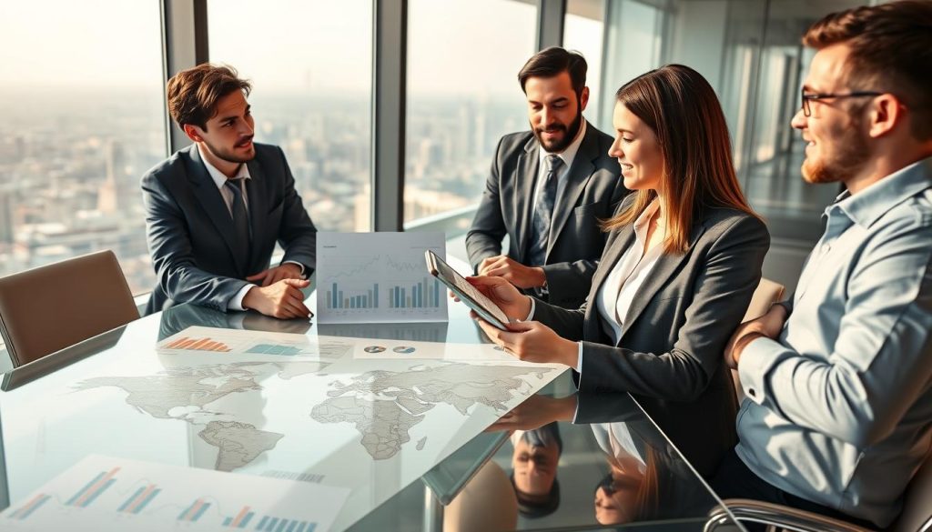 A diverse group of business professionals engaged in a dynamic discussion around a sleek glass conference table, surrounded by maps and financial charts outlining cross-border startup opportunities. In the foreground, a woman in a smart business suit gestures while presenting key insights on a digital tablet. In the middle ground, two men, one in formal attire and another in semi-casual wear, listen attentively and take notes. In the background, a large window reveals a panoramic city skyline, symbolizing international markets and investment potential. Soft, natural lighting streams in, creating an optimistic and collaborative atmosphere, enhanced by a shallow depth of field to focus on the professionals. A diverse group of business professionals engaged in a dynamic discussion around a sleek glass conference table, surrounded by maps and financial charts outlining cross-border startup opportunities. In the foreground, a woman in a smart business suit gestures while presenting key insights on a digital tablet. In the middle ground, two men, one in formal attire and another in semi-casual wear, listen attentively and take notes. In the background, a large window reveals a panoramic city skyline, symbolizing international markets and investment potential. Soft, natural lighting streams in, creating an optimistic and collaborative atmosphere, enhanced by a shallow depth of field to focus on the professionals.