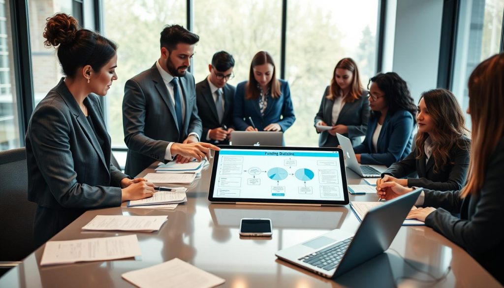 A diverse group of professionals in business attire, gathered around a sleek conference table covered with neatly organized documents and laptops, engaging in a focused discussion about funding processes. In the foreground, a confident woman points to a detailed funding flowchart on a tablet, illustrating the importance of process discipline. In the middle, individuals take notes and exchange ideas, demonstrating collaboration and strategic planning. The background features large windows allowing natural light to filter into a modern, minimalist office space, fostering a productive atmosphere. The overall mood is one of determination and professionalism, emphasizing the careful execution of funding strategies. The scene is captured from a slightly elevated angle to provide a clear view of the collaborative effort and the tools used in the funding process. A diverse group of professionals in business attire, gathered around a sleek conference table covered with neatly organized documents and laptops, engaging in a focused discussion about funding processes. In the foreground, a confident woman points to a detailed funding flowchart on a tablet, illustrating the importance of process discipline. In the middle, individuals take notes and exchange ideas, demonstrating collaboration and strategic planning. The background features large windows allowing natural light to filter into a modern, minimalist office space, fostering a productive atmosphere. The overall mood is one of determination and professionalism, emphasizing the careful execution of funding strategies. The scene is captured from a slightly elevated angle to provide a clear view of the collaborative effort and the tools used in the funding process.