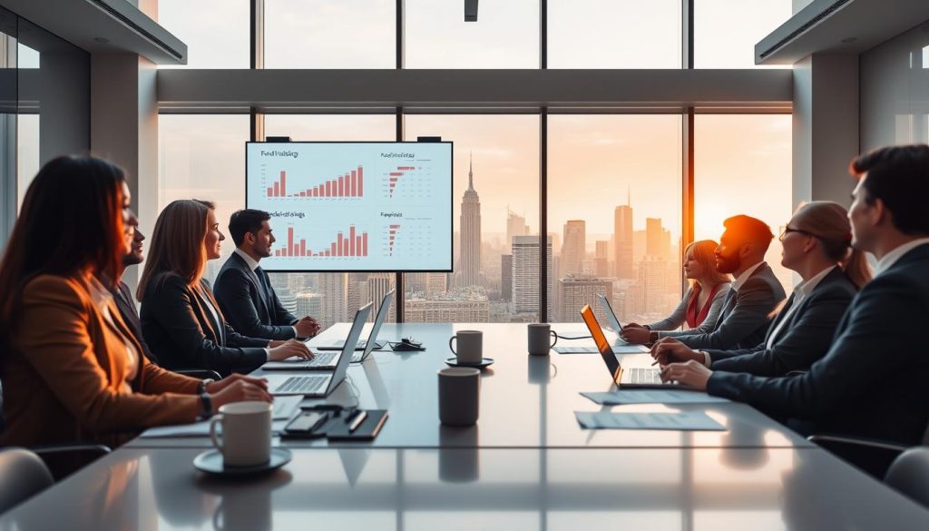 A dynamic and engaging business meeting scene set in a modern, well-lit conference room. In the foreground, a diverse group of professionals, dressed in smart business attire, collaboratively discuss fundraising strategies, with charts and graphs displayed on an interactive digital screen. The middle layer features a large, sleek table covered with documents, laptops, and a coffee setup, emphasizing an atmosphere of productivity and teamwork. In the background, large windows showcase a city skyline bathed in warm natural light, suggesting opportunity and growth. The ambiance is focused and energetic, capturing the essence of innovation and collaboration in building sharper narratives for fundraising success. The perspective is from a slight angle, providing depth and inviting the viewer into the scene.