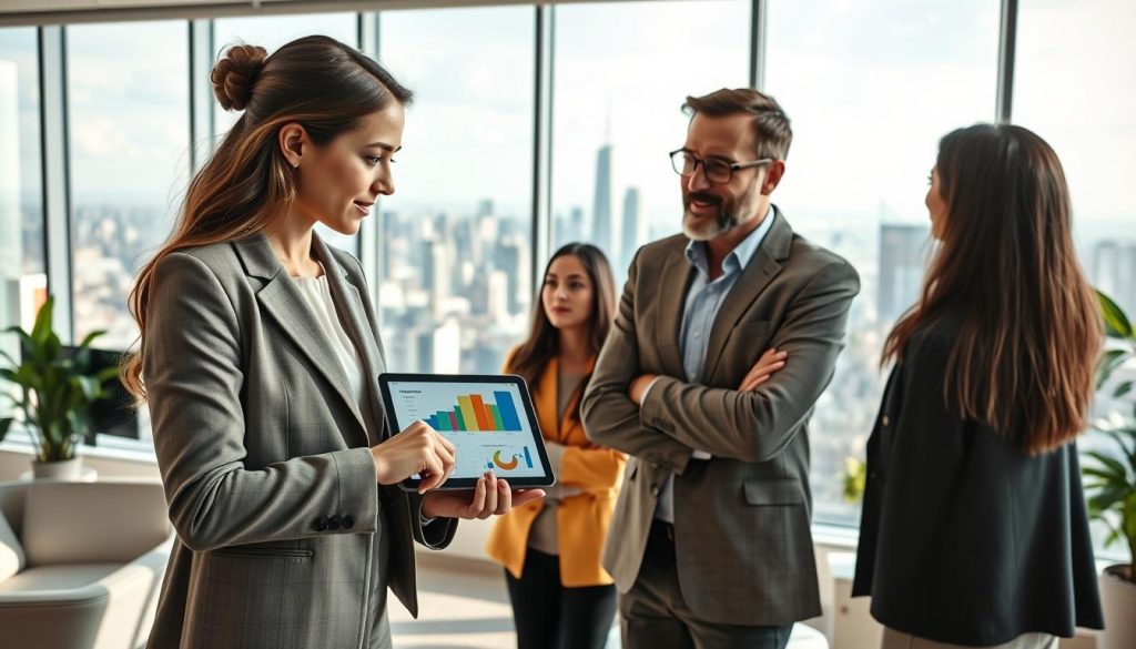 A dynamic and modern office setting showcasing a diverse group of professional individuals engaged in a brainstorming session about high-growth sector opportunities. In the foreground, a young woman in a tailored blazer points at a digital tablet displaying a colorful chart, while a middle-aged man in smart casual attire observes thoughtfully. In the middle ground, a large glass window offers a panoramic view of a bustling city skyline, symbolizing ambition and progress. The background features sleek office furniture and vibrant plants, enhancing the atmosphere of innovation. Soft natural light pours in through the window, casting gentle shadows and creating an optimistic mood. The image should evoke a sense of collaboration, opportunity, and forward-thinking in a professional environment. A dynamic and modern office setting showcasing a diverse group of professional individuals engaged in a brainstorming session about high-growth sector opportunities. In the foreground, a young woman in a tailored blazer points at a digital tablet displaying a colorful chart, while a middle-aged man in smart casual attire observes thoughtfully. In the middle ground, a large glass window offers a panoramic view of a bustling city skyline, symbolizing ambition and progress. The background features sleek office furniture and vibrant plants, enhancing the atmosphere of innovation. Soft natural light pours in through the window, casting gentle shadows and creating an optimistic mood. The image should evoke a sense of collaboration, opportunity, and forward-thinking in a professional environment.