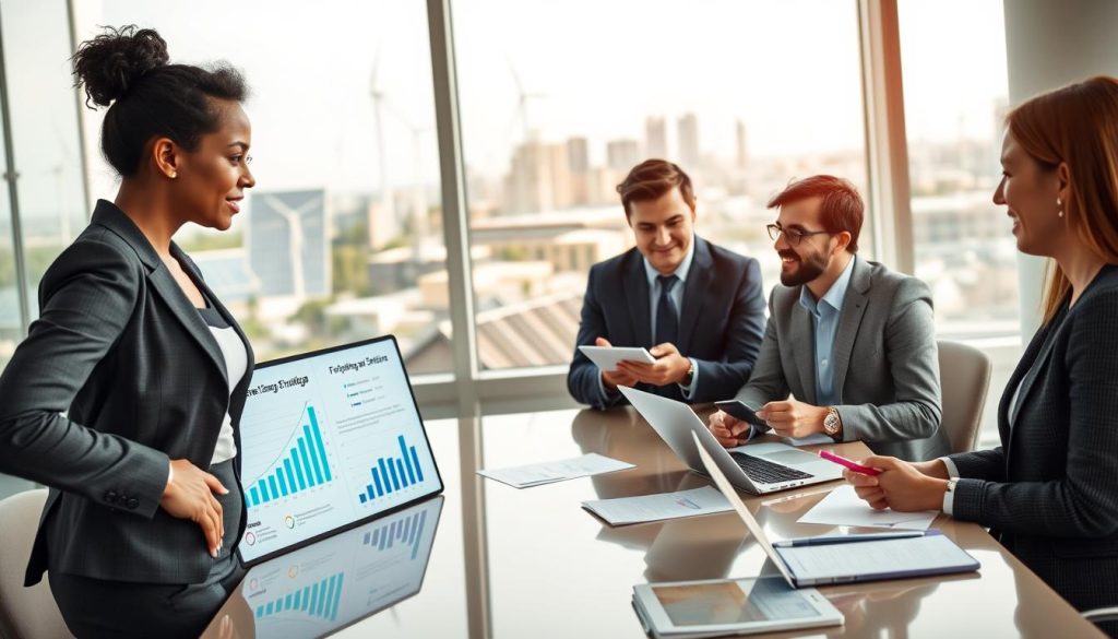 A dynamic boardroom scene where a diverse group of professional individuals in business attire are passionately discussing fundraising strategies for an energy startup. In the foreground, a confident diverse female entrepreneur, mid-presentation, stands next to a digital display showing graphs and innovative energy solutions. In the middle ground, engaged participants—two men and a woman exchanging ideas, taking notes, and analyzing data on laptops. The background features glass windows displaying a city skyline with wind turbines and solar panels visible. Soft, natural lighting emphasizes a sense of optimism and forward-thinking, with a slightly blurred focus to encourage a feeling of movement and collaboration.