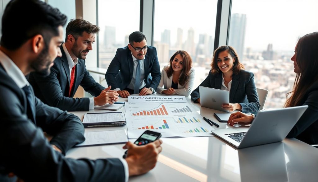 A dynamic business meeting scene capturing diverse professionals engaged in a strategy discussion. In the foreground, a group of three individuals in business attire—two men and one woman—are brainstorming around a sleek conference table filled with laptops, documents, and a smartphone displaying a fundraising app. Their expressions reflect focus and determination. In the middle ground, a whiteboard displays strategic outreach plans with colorful charts and graphs depicting funding trajectories. The background features a modern office with large windows, showcasing a city skyline bathed in soft, natural daylight, creating an optimistic atmosphere. The image should have a professional, motivating feel, with a slight depth of field to emphasize the subjects in a well-lit environment, evoking a sense of collaboration and readiness for investment opportunities.