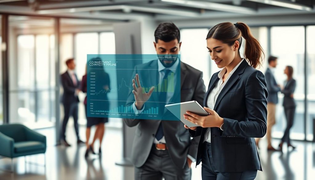 A dynamic business networking scene depicting a diverse group of professionals engaged in a collaborative discussion about co-investment strategies. In the foreground, a confident woman in a smart business suit is analyzing financial charts on a tablet, while a man beside her, dressed in a tailored suit, gestures towards a digital display of the co-investment pipeline. The middle layer showcases a contemporary conference room adorned with sleek furniture and large windows that let in natural light, highlighting a modern, innovative ambiance. The background features blurred silhouettes of other business people engaged in conversation, emphasizing teamwork and collaboration. The lighting is bright and uplifting, creating an atmosphere of focus and ambition as the professionals master the intricacies of building capital relationships.