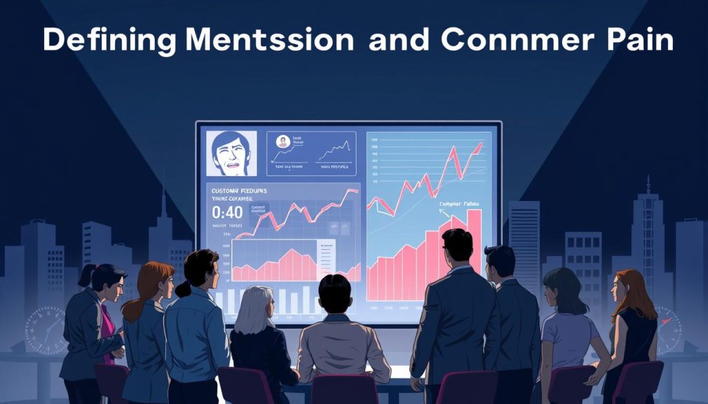 A dynamic illustration depicting the concept of "Defining Market Tension and Customer Pain." In the foreground, a diverse group of professionals in business attire are engaged in a focused discussion around a large digital screen displaying market graphs and customer feedback metrics. In the middle ground, visual representations of customer pain points, such as frustrated faces and product failures, contrast with rising market tension evident from fluctuating graphs and pressure indicators. The background features an abstract city skyline symbolizing a competitive market landscape, under a dramatic lighting that casts shadows, adding depth to the scene. The mood conveys urgency and determination, emphasizing the critical nature of aligning business strategies with customer needs and market realities. A dynamic illustration depicting the concept of "Defining Market Tension and Customer Pain." In the foreground, a diverse group of professionals in business attire are engaged in a focused discussion around a large digital screen displaying market graphs and customer feedback metrics. In the middle ground, visual representations of customer pain points, such as frustrated faces and product failures, contrast with rising market tension evident from fluctuating graphs and pressure indicators. The background features an abstract city skyline symbolizing a competitive market landscape, under a dramatic lighting that casts shadows, adding depth to the scene. The mood conveys urgency and determination, emphasizing the critical nature of aligning business strategies with customer needs and market realities.