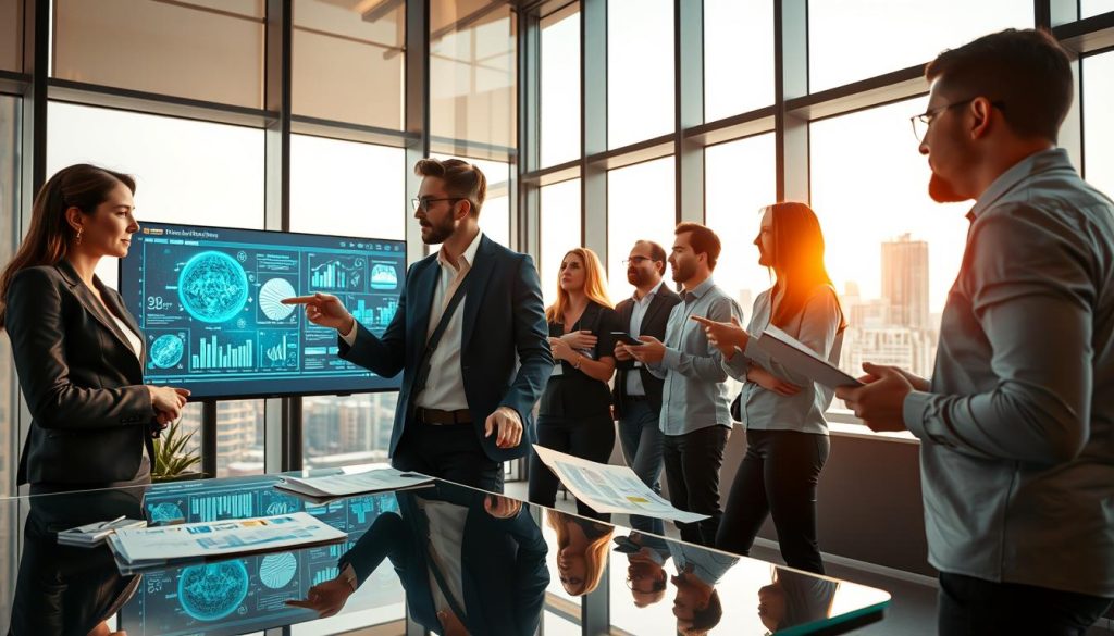 A dynamic scene depicting a group of diverse entrepreneurs and investors in a sleek, modern office setting. In the foreground, a focused woman in a professional business suit stands at a glass table, reviewing documents and digital presentations, with a focused expression. Beside her, a man discussing strategies points towards a futuristic screen displaying complex AI data visualizations. In the middle, other team members engage in animated conversation, highlighting different aspects of their startup's vision. The background features large windows with a cityscape, suggestive of innovation and competition in the tech hub. Soft, natural lighting streams in, casting a warm glow that enhances a sense of urgency and ambition in the atmosphere. The angle is slightly elevated, offering a comprehensive view of the collaborative environment.