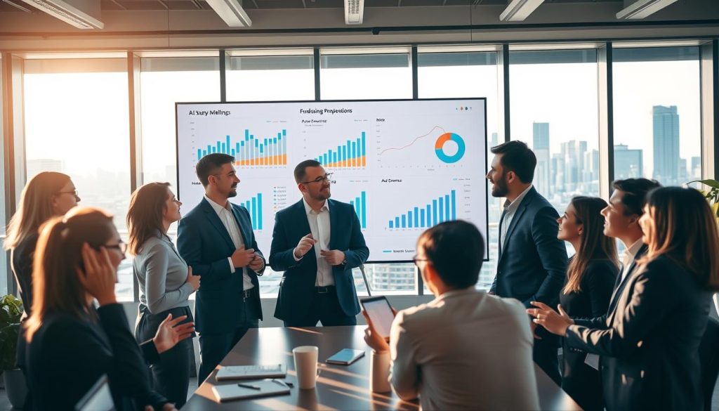 A dynamic scene depicting an AI startup fundraising overview in a modern office environment. In the foreground, a diverse group of professionals dressed in smart business attire are engaged in a strategy meeting, showcasing focused expressions and gestures as they discuss financial charts and investment proposals. The middle layer features a large digital screen displaying graphs and data analytics related to AI technology and fundraising milestones. In the background, large windows offer a view of a bustling city skyline under bright, natural lighting that creates an uplifting atmosphere. The mood is one of optimism and collaboration, with warm color tones and soft shadows accentuating an innovative workspace.