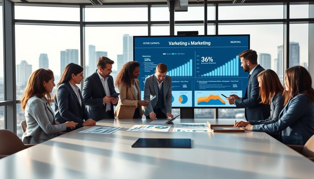 A dynamic scene in a modern office environment showcasing a marketing team discussing strategies for fundraising, with a sleek boardroom table in the foreground. In the middle, diverse professionals in business attire collaborate over charts and digital devices, analyzing data on a large screen displaying statistics related to venture capital and marketing. In the background, large windows reveal a city skyline, suggesting an atmosphere of ambition and opportunity. Soft, natural lighting filters through, casting highlights on their focused expressions. The overall mood is one of determination and strategic planning, capturing the essence of leveraging marketing and VC lobbying before a fundraising round. A dynamic scene in a modern office environment showcasing a marketing team discussing strategies for fundraising, with a sleek boardroom table in the foreground. In the middle, diverse professionals in business attire collaborate over charts and digital devices, analyzing data on a large screen displaying statistics related to venture capital and marketing. In the background, large windows reveal a city skyline, suggesting an atmosphere of ambition and opportunity. Soft, natural lighting filters through, casting highlights on their focused expressions. The overall mood is one of determination and strategic planning, capturing the essence of leveraging marketing and VC lobbying before a fundraising round.