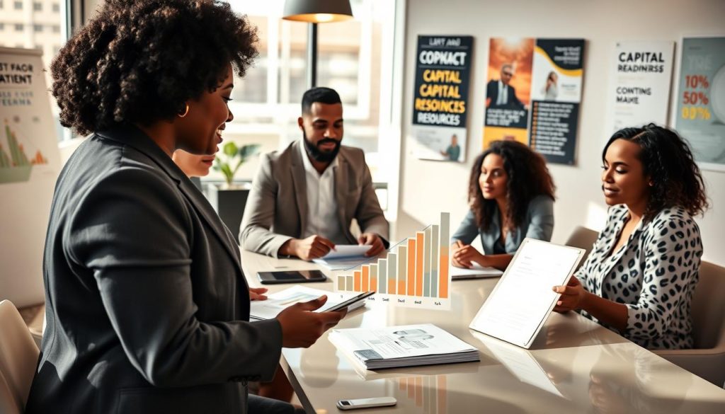 A focused group of diverse entrepreneurs in a modern, well-lit office environment, collaborating around a sleek conference table filled with papers and digital devices. In the foreground, a confident Black woman in business attire is presenting a financial growth chart on a tablet to a mixed group of attentive founders, including a Middle-Eastern man and a Hispanic woman. The middle layer captures a vibrant atmosphere with natural light streaming through large windows, gleaming on stylish furnishings. In the background, motivational images and capital readiness resources adorn the walls, enhancing the professional tone. The overall mood is energetic and supportive, emphasizing empowerment and innovation. Use a wide-angle lens effect to capture the dynamic interaction and sense of teamwork in this business setting. A focused group of diverse entrepreneurs in a modern, well-lit office environment, collaborating around a sleek conference table filled with papers and digital devices. In the foreground, a confident Black woman in business attire is presenting a financial growth chart on a tablet to a mixed group of attentive founders, including a Middle-Eastern man and a Hispanic woman. The middle layer captures a vibrant atmosphere with natural light streaming through large windows, gleaming on stylish furnishings. In the background, motivational images and capital readiness resources adorn the walls, enhancing the professional tone. The overall mood is energetic and supportive, emphasizing empowerment and innovation. Use a wide-angle lens effect to capture the dynamic interaction and sense of teamwork in this business setting.
