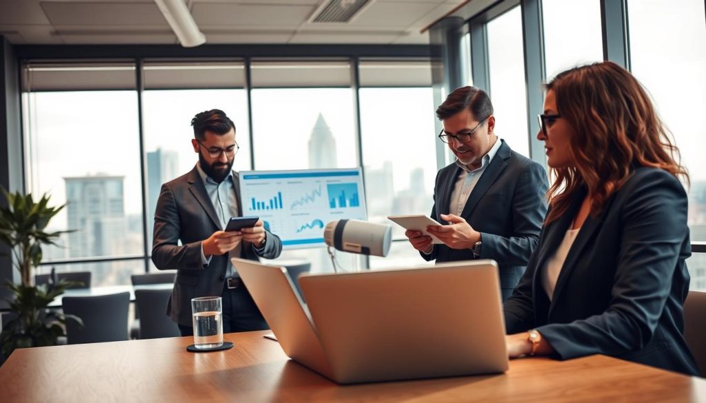 A focused scene depicting a group of diverse entrepreneurs in a modern office setting, engaged in a strategic discussion about fundraising. In the foreground, a confident female founder, dressed in professional business attire, is presenting on a sleek laptop, showcasing charts and graphs related to capital readiness. The middle ground features two male colleagues, one taking notes eagerly, the other analyzing data on a tablet, all exuding a sense of determination. In the background, large windows reveal a city skyline, with natural light flooding the room, creating an optimistic atmosphere. The scene embodies collaboration and forward momentum, conveying the seriousness and excitement of preparing for funding. Use soft, warm lighting to enhance the mood of professionalism and ambition, captured with a standard lens from a slightly elevated angle. A focused scene depicting a group of diverse entrepreneurs in a modern office setting, engaged in a strategic discussion about fundraising. In the foreground, a confident female founder, dressed in professional business attire, is presenting on a sleek laptop, showcasing charts and graphs related to capital readiness. The middle ground features two male colleagues, one taking notes eagerly, the other analyzing data on a tablet, all exuding a sense of determination. In the background, large windows reveal a city skyline, with natural light flooding the room, creating an optimistic atmosphere. The scene embodies collaboration and forward momentum, conveying the seriousness and excitement of preparing for funding. Use soft, warm lighting to enhance the mood of professionalism and ambition, captured with a standard lens from a slightly elevated angle.
