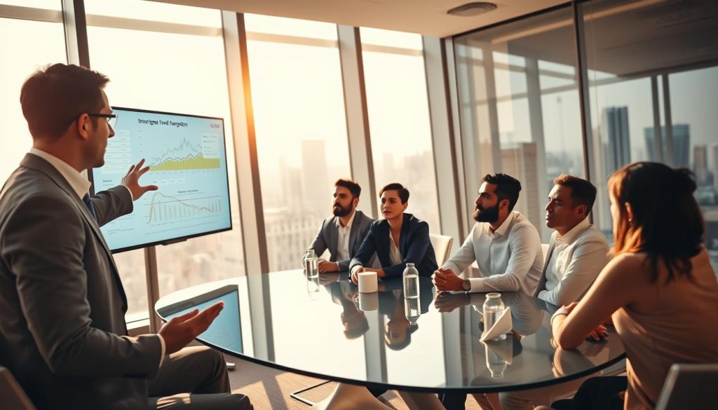 A focused scene set in a modern conference room, where an emerging fund manager passionately presents their investment narrative to a small group of diverse, professional investors. In the foreground, the fund manager, a middle-aged individual in a tailored business suit, gestures towards a large digital presentation screen displaying impressive graphs and data. In the middle, the attentive investors, a mix of ethnicities, sit around a sleek, glass conference table, exuding interest and curiosity. The background features floor-to-ceiling windows revealing a vibrant city skyline, with warm sunlight streaming in, creating an uplifting atmosphere. The ambiance is professional yet inviting, captured with a slightly shallow depth of field to emphasize the interaction among the subjects, using soft, natural lighting to enhance the mood of collaboration and engagement.