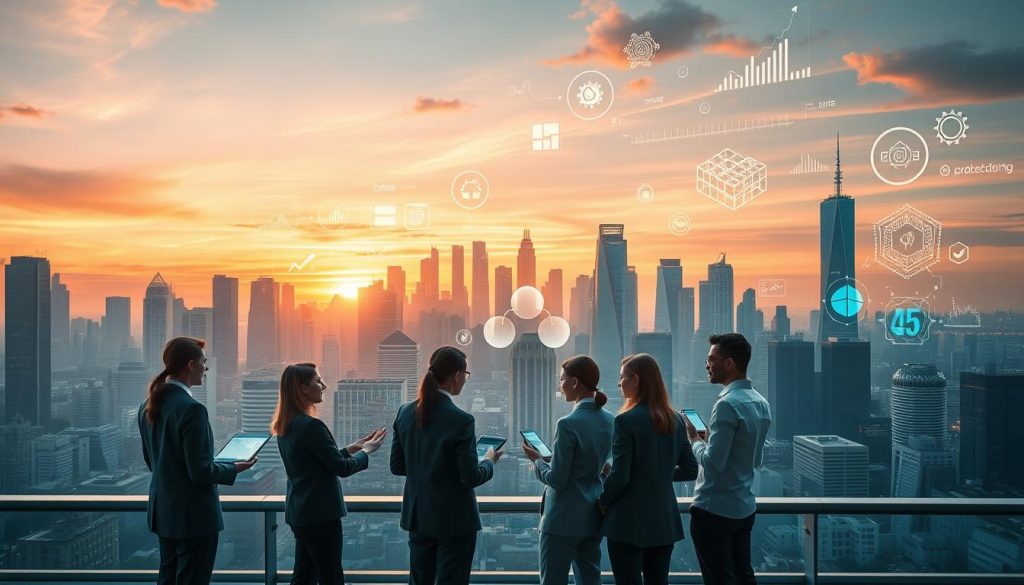 A futuristic city skyline representing opportunities in SaaS and AI, with a blend of modern architecture and green technology. In the foreground, a diverse group of professionals in business attire are engaged in a discussion, exchanging ideas around digital devices and holographic displays. The middle ground features iconic symbols of technology, like cloud computing and AI algorithms, artistically rendered as part of the urban landscape. The background showcases a vibrant sunset illuminating the skyline, casting a warm glow, while various data visualizations and abstract graphs float in the air, symbolizing growth and innovation. The atmosphere exudes excitement and collaboration in the tech industry, captured with a cinematic lens perspective and soft, ambient lighting. A futuristic city skyline representing opportunities in SaaS and AI, with a blend of modern architecture and green technology. In the foreground, a diverse group of professionals in business attire are engaged in a discussion, exchanging ideas around digital devices and holographic displays. The middle ground features iconic symbols of technology, like cloud computing and AI algorithms, artistically rendered as part of the urban landscape. The background showcases a vibrant sunset illuminating the skyline, casting a warm glow, while various data visualizations and abstract graphs float in the air, symbolizing growth and innovation. The atmosphere exudes excitement and collaboration in the tech industry, captured with a cinematic lens perspective and soft, ambient lighting.