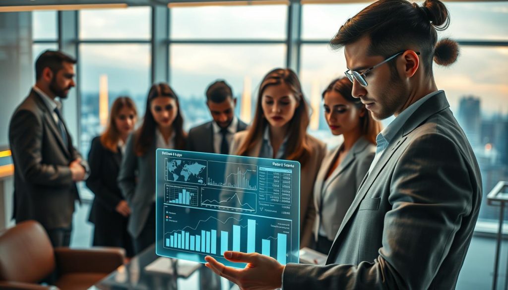 A futuristic office environment where a diverse group of professionals in business attire are collaborating over a transparent digital display. In the foreground, a focused individual examines refined data visualizations, embodying the concept of distilling a singular edge for impactful decision-making. The middle layer features an elegant, minimalist workspace with sleek furniture and subtle ambient lighting that highlights the figures. In the background, large windows reveal a skyline, suggesting a dynamic, ambitious atmosphere. The lighting is warm and inviting, casting gentle shadows that enhance the sense of depth. The overall mood conveys innovation and professionalism, with an emphasis on clarity, discipline, and strategic thinking.