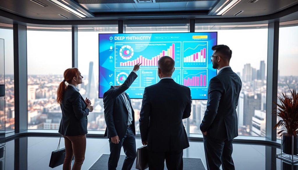 A futuristic office environment with a sleek, modern design, featuring a large digital screen in the background displaying vibrant charts and graphs symbolizing data insights for deep tech funding. In the foreground, a diverse group of three professionals in business attire, engaged in a discussion, with one pointing at the screen to illustrate key data points. The lighting is bright and focused on the screen, creating a dynamic contrast with the soft ambient light in the room. A city skyline is visible through large windows in the background, suggesting a bustling tech hub. The atmosphere is energetic and collaborative, capturing the essence of leveraging data to enhance pitches in deep tech fundraising.
