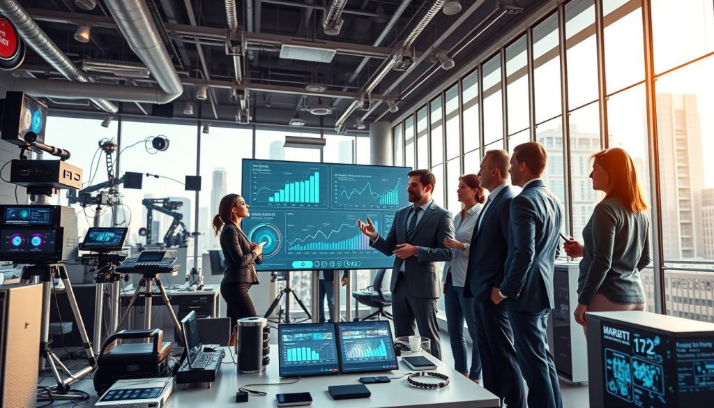 A futuristic office space filled with various connected devices, such as smart home gadgets, wearables, and IoT industrial equipment, showcasing the essence of market trends in technology. In the foreground, a diverse group of professionals in business attire are analyzing graphs and data on a large digital screen, discussing investment opportunities. The middle layer features sleek devices and interactive displays demonstrating data flow and connectivity. The background captures a modern city skyline through large glass windows, with soft, natural lighting enhancing a productive atmosphere. The mood is dynamic and focused, emphasizing innovation and investment potential in the IoT sector. The composition employs a wide-angle lens to create depth and draw attention to the interactions.