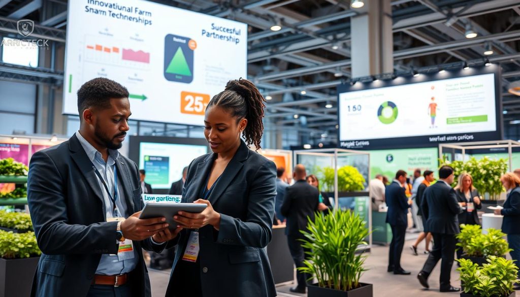 A modern agritech conference scene set in a spacious, brightly lit convention center, showcasing professionals in business attire engaged in discussions. In the foreground, two individuals, a diverse man and woman, examine a digital tablet displaying agricultural data, symbolizing collaboration. In the middle ground, booths adorned with innovative farm technology, vertical gardens, and smart irrigation systems highlight strategic partnerships. The background features a large presentation screen showcasing diagrams of successful partnerships and market strategies, with other attendees networking and exchanging ideas. The atmosphere is vibrant and dynamic, with soft natural lighting filtering in from large windows, capturing a sense of innovation and collaboration in the agritech industry.