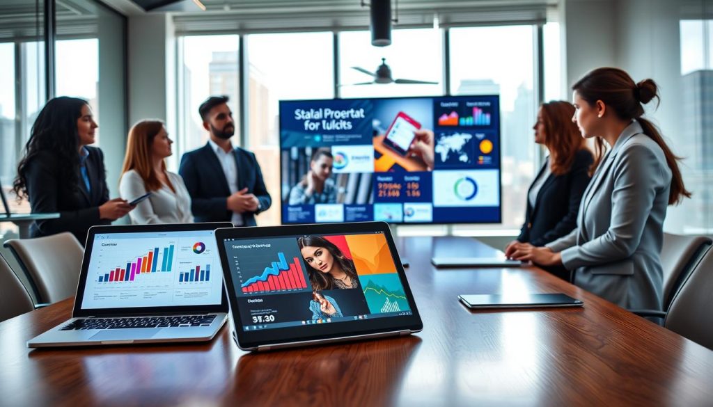 A modern and sleek pitch deck presentation scene designed for startups, featuring a well-lit conference room setting. In the foreground, a polished wooden table holds an open laptop displaying vibrant slides with graphs and charts. Professional individuals in business attire, including men in suits and women in tailored blouses, engage in a focused discussion, with one person gesturing towards the laptop. In the middle ground, a large screen shows a dynamic presentation, while not visible to the viewer, the slides have innovative designs and colorful infographics. The background includes a bright window with urban city views, and soft natural lighting fills the room, creating an optimistic atmosphere that inspires creativity and collaboration among entrepreneurs. A modern and sleek pitch deck presentation scene designed for startups, featuring a well-lit conference room setting. In the foreground, a polished wooden table holds an open laptop displaying vibrant slides with graphs and charts. Professional individuals in business attire, including men in suits and women in tailored blouses, engage in a focused discussion, with one person gesturing towards the laptop. In the middle ground, a large screen shows a dynamic presentation, while not visible to the viewer, the slides have innovative designs and colorful infographics. The background includes a bright window with urban city views, and soft natural lighting fills the room, creating an optimistic atmosphere that inspires creativity and collaboration among entrepreneurs.