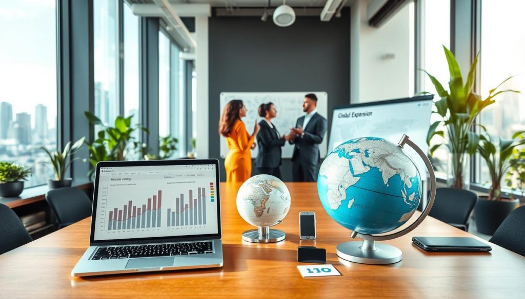 A modern and sleek workspace filled with various global expansion tools, platforms, and resources. In the foreground, a polished wooden table displays a laptop with graphs and charts on the screen, a globe, business cards, and a smartphone. In the middle ground, diverse professionals in business attire engage in conversation, exchanging ideas next to a whiteboard filled with strategies for international growth. The background features large windows with a city skyline, symbolizing global reach, and vibrant greenery in the office reflecting a fresh, dynamic atmosphere. Soft, natural light pours in, casting gentle shadows, creating an inspiring and collaborative mood, with a wide-angle perspective emphasizing the tools of expansion. A modern and sleek workspace filled with various global expansion tools, platforms, and resources. In the foreground, a polished wooden table displays a laptop with graphs and charts on the screen, a globe, business cards, and a smartphone. In the middle ground, diverse professionals in business attire engage in conversation, exchanging ideas next to a whiteboard filled with strategies for international growth. The background features large windows with a city skyline, symbolizing global reach, and vibrant greenery in the office reflecting a fresh, dynamic atmosphere. Soft, natural light pours in, casting gentle shadows, creating an inspiring and collaborative mood, with a wide-angle perspective emphasizing the tools of expansion.