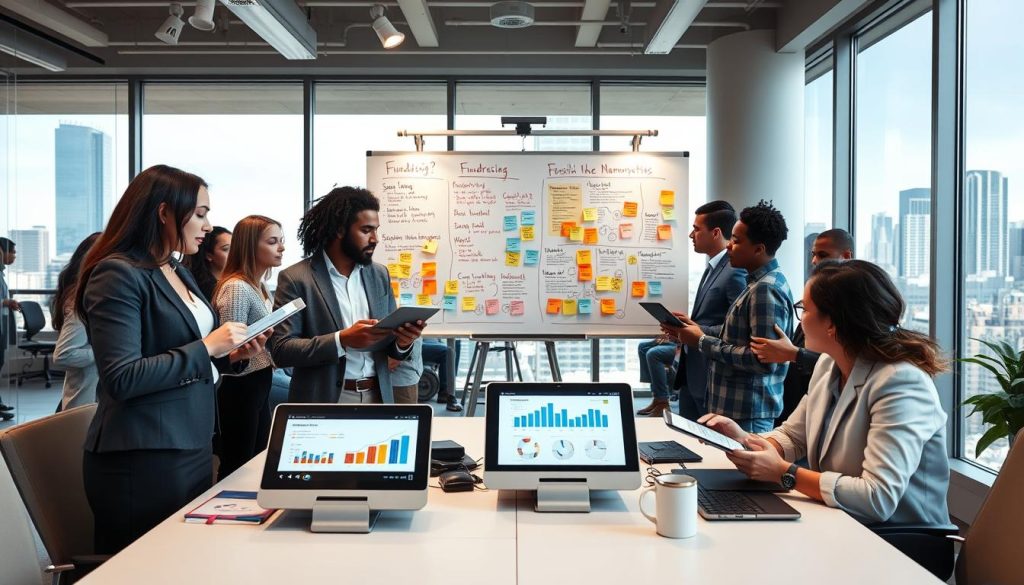 A modern conference room filled with diverse professionals engaged in a lively brainstorming session about innovative startup fundraising strategies. In the foreground, a group of three individuals, one woman in a smart blazer and two men in business casual attire, examining digital tablets with charts and graphs showing fundraising trends. In the middle, a large whiteboard covered with colorful sticky notes and diagrams illustrating fundraising processes and narratives. The background features large windows with natural light illuminating the space, and inspiring city views outside. The atmosphere is energetic and collaborative, evoking a sense of creativity and determination. The image is captured with a wide-angle lens, highlighting the engagement and focus of the group. A modern conference room filled with diverse professionals engaged in a lively brainstorming session about innovative startup fundraising strategies. In the foreground, a group of three individuals, one woman in a smart blazer and two men in business casual attire, examining digital tablets with charts and graphs showing fundraising trends. In the middle, a large whiteboard covered with colorful sticky notes and diagrams illustrating fundraising processes and narratives. The background features large windows with natural light illuminating the space, and inspiring city views outside. The atmosphere is energetic and collaborative, evoking a sense of creativity and determination. The image is captured with a wide-angle lens, highlighting the engagement and focus of the group.