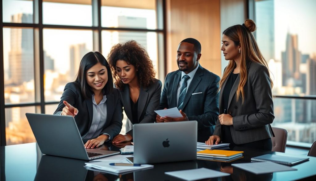 A modern conference room filled with diverse professionals engaged in a meaningful discussion about startup fundraising. In the foreground, an Asian female entrepreneur in a smart blazer gestures towards a laptop displaying graphs and data. Flanking her are a Black male investor and a Hispanic female venture capitalist, all dressed in professional business attire, actively listening and taking notes. In the middle ground, large windows let in warm natural light, revealing a bustling cityscape outside. The background features a sleek table scattered with documents and notepads, emphasizing collaboration and diligence. The atmosphere is focused and dynamic, capturing the essence of fostering investor conversations in a cross-border context. Lens effect should evoke depth of field, highlighting the subjects while softly blurring the background. A modern conference room filled with diverse professionals engaged in a meaningful discussion about startup fundraising. In the foreground, an Asian female entrepreneur in a smart blazer gestures towards a laptop displaying graphs and data. Flanking her are a Black male investor and a Hispanic female venture capitalist, all dressed in professional business attire, actively listening and taking notes. In the middle ground, large windows let in warm natural light, revealing a bustling cityscape outside. The background features a sleek table scattered with documents and notepads, emphasizing collaboration and diligence. The atmosphere is focused and dynamic, capturing the essence of fostering investor conversations in a cross-border context. Lens effect should evoke depth of field, highlighting the subjects while softly blurring the background.