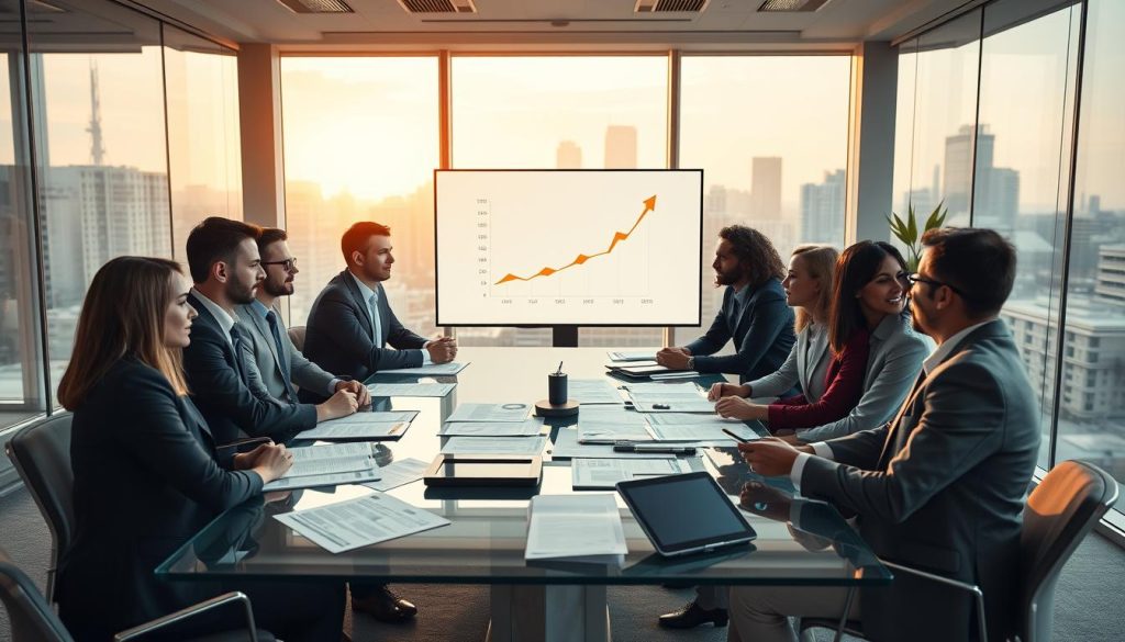 A modern conference room filled with professionals in business attire, engaged in a strategic discussion about capital strategies. In the foreground, a diverse group of men and women, with expressions of concentration and collaboration, is gathered around a sleek glass table strewn with financial documents and digital tablets. The middle ground features a large presentation screen displaying an upward-trending graph, symbolizing growth and support in capital strategies. In the background, large windows reveal a city skyline bathed in warm, natural light, creating an optimistic atmosphere. The scene is well-lit to emphasize professionalism and innovation, with a slight depth of field to focus on the interactions at the table. Overall, the mood is one of teamwork and strategic advancement. A modern conference room filled with professionals in business attire, engaged in a strategic discussion about capital strategies. In the foreground, a diverse group of men and women, with expressions of concentration and collaboration, is gathered around a sleek glass table strewn with financial documents and digital tablets. The middle ground features a large presentation screen displaying an upward-trending graph, symbolizing growth and support in capital strategies. In the background, large windows reveal a city skyline bathed in warm, natural light, creating an optimistic atmosphere. The scene is well-lit to emphasize professionalism and innovation, with a slight depth of field to focus on the interactions at the table. Overall, the mood is one of teamwork and strategic advancement.