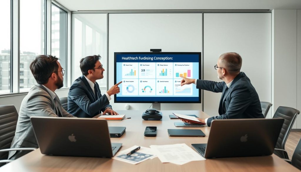 Founders preparing a healthtech pitch deck around a conference table