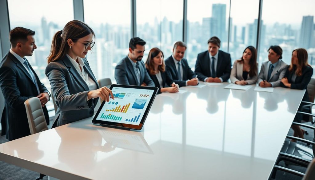 A modern corporate setting with a diverse group of professionals engaged in a discussion around a sleek conference table. In the foreground, focus on a confident businesswoman, dressed in formal attire, pointing to a digital tablet displaying colorful graphs and compelling data visuals. In the middle ground, a diverse team of men and women in business attire are attentively listening, some taking notes, while others gaze thoughtfully at the presentation. The background features a large window with a view of a bustling city skyline, suggesting a dynamic business environment. Soft, natural lighting illuminates the scene, creating a warm and engaging atmosphere that encourages collaboration and innovation. The lens captures a slight depth effect, drawing attention to the confident presenter while keeping the team in clear focus. A modern corporate setting with a diverse group of professionals engaged in a discussion around a sleek conference table. In the foreground, focus on a confident businesswoman, dressed in formal attire, pointing to a digital tablet displaying colorful graphs and compelling data visuals. In the middle ground, a diverse team of men and women in business attire are attentively listening, some taking notes, while others gaze thoughtfully at the presentation. The background features a large window with a view of a bustling city skyline, suggesting a dynamic business environment. Soft, natural lighting illuminates the scene, creating a warm and engaging atmosphere that encourages collaboration and innovation. The lens captures a slight depth effect, drawing attention to the confident presenter while keeping the team in clear focus.