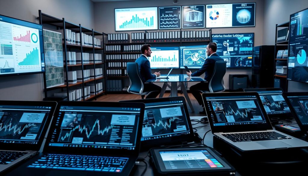 A modern data room environment showcasing a variety of technology tools in use. Foreground features sleek laptops displaying complex data analytics and documents, surrounded by digital tablets and high-tech devices with illuminated screens. In the middle ground, a professional workspace with a glass conference table and ergonomic chairs, where two business professionals dressed in smart business attire are engaged in discussion, studying charts and figures projected on a large monitor. The background includes shelves filled with organized binders and digital displays illustrating data management processes. Soft, ambient lighting highlights the professionalism of the setting while maintaining a focused atmosphere. The angle is slightly elevated, providing a comprehensive view of the workspace and technology integration, creating a modern and efficient vibe. A modern data room environment showcasing a variety of technology tools in use. Foreground features sleek laptops displaying complex data analytics and documents, surrounded by digital tablets and high-tech devices with illuminated screens. In the middle ground, a professional workspace with a glass conference table and ergonomic chairs, where two business professionals dressed in smart business attire are engaged in discussion, studying charts and figures projected on a large monitor. The background includes shelves filled with organized binders and digital displays illustrating data management processes. Soft, ambient lighting highlights the professionalism of the setting while maintaining a focused atmosphere. The angle is slightly elevated, providing a comprehensive view of the workspace and technology integration, creating a modern and efficient vibe.
