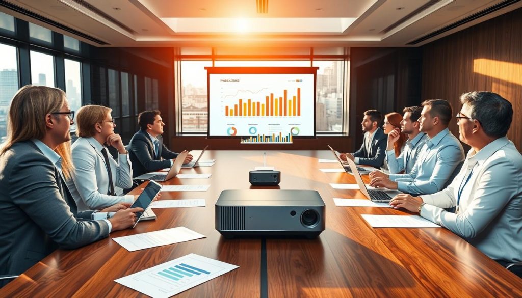 A modern, elegantly designed conference room with a large wooden table at the forefront, occupied by diverse business professionals in professional attire. The scene captures a thoughtful discussion, with one individual passionately presenting a visual projection on a screen. Papers and laptops are scattered across the table, showcasing charts and graphs. In the middle ground, a digital projector beams a vibrant financial dashboard illustration. The background features a large window with cityscape views, allowing warm sunlight to stream in, creating a vibrant yet professional atmosphere. The mood is focused and energetic, emphasizing collaboration and strategic thinking as they engage in serious investor conversations.