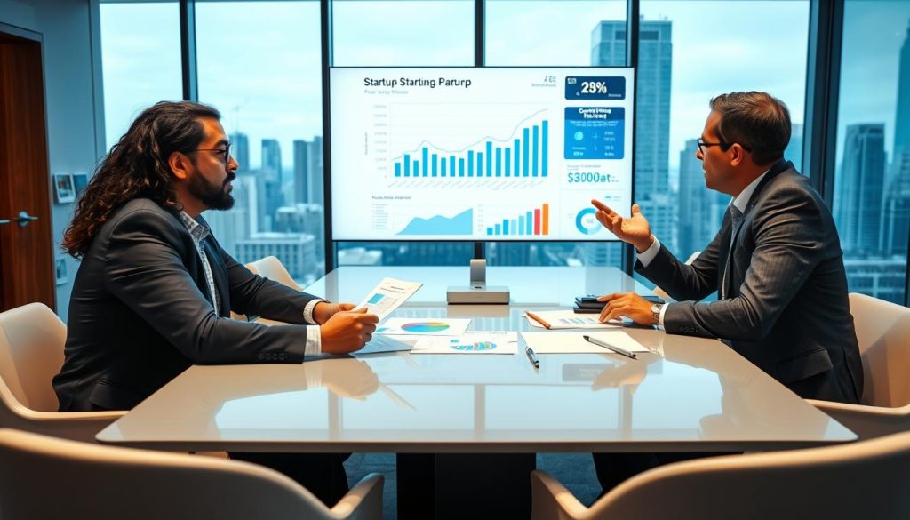 A modern office boardroom filled with diverse professionals engaged in a serious discussion about startup fundraising. In the foreground, a group of three individuals—two men and one woman—are seated at a sleek conference table, dressed in professional business attire. They are analyzing financial charts and pitching ideas, displaying expressions of focus and determination. In the middle ground, a large digital screen shows graphs and projections related to revenue generation. The background features large windows with a city skyline, flooding the room with natural light. The atmosphere is dynamic and energetic, conveying a sense of ambition and collaboration. The image is captured from a slightly elevated angle, highlighting the intensity of the conversation and the modern aesthetic of the workspace. A modern office boardroom filled with diverse professionals engaged in a serious discussion about startup fundraising. In the foreground, a group of three individuals—two men and one woman—are seated at a sleek conference table, dressed in professional business attire. They are analyzing financial charts and pitching ideas, displaying expressions of focus and determination. In the middle ground, a large digital screen shows graphs and projections related to revenue generation. The background features large windows with a city skyline, flooding the room with natural light. The atmosphere is dynamic and energetic, conveying a sense of ambition and collaboration. The image is captured from a slightly elevated angle, highlighting the intensity of the conversation and the modern aesthetic of the workspace.