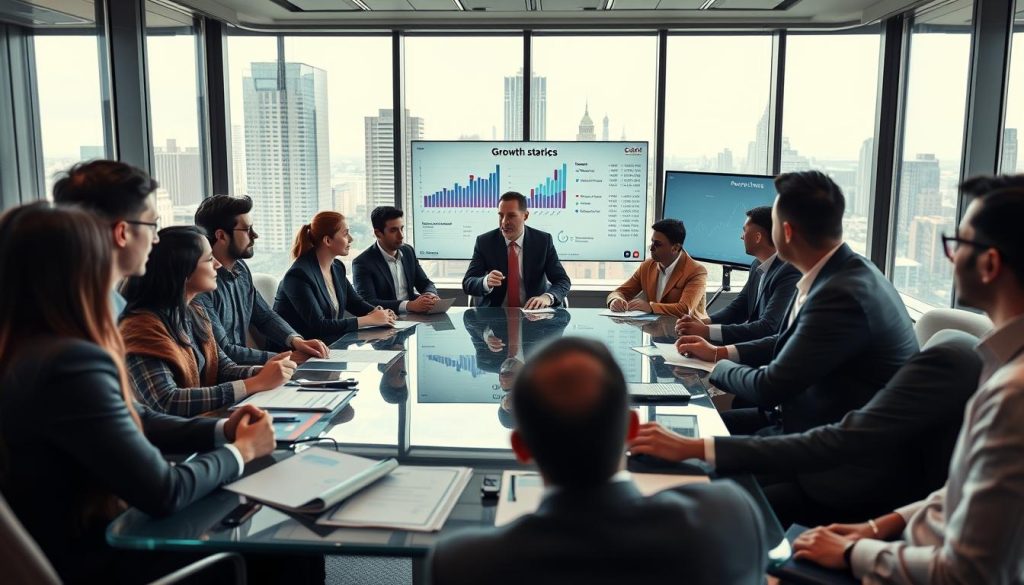 A modern office conference room filled with professionals in business attire, deeply engaged in a discussion about late-stage investments and growth rounds. In the foreground, a diverse group of executives is gathered around a sleek glass table, examining financial reports and charts displayed on digital screens. The middle features a large, interactive presentation board showcasing key metrics and investment strategies, symbolizing growth opportunities. In the background, large windows reveal a bustling cityscape, emphasizing the dynamic nature of startup ecosystems. Soft, ambient lighting creates a collaborative atmosphere, while a wide-angle perspective captures the entire scene, conveying a sense of teamwork and forward momentum in the realm of IoT startups.