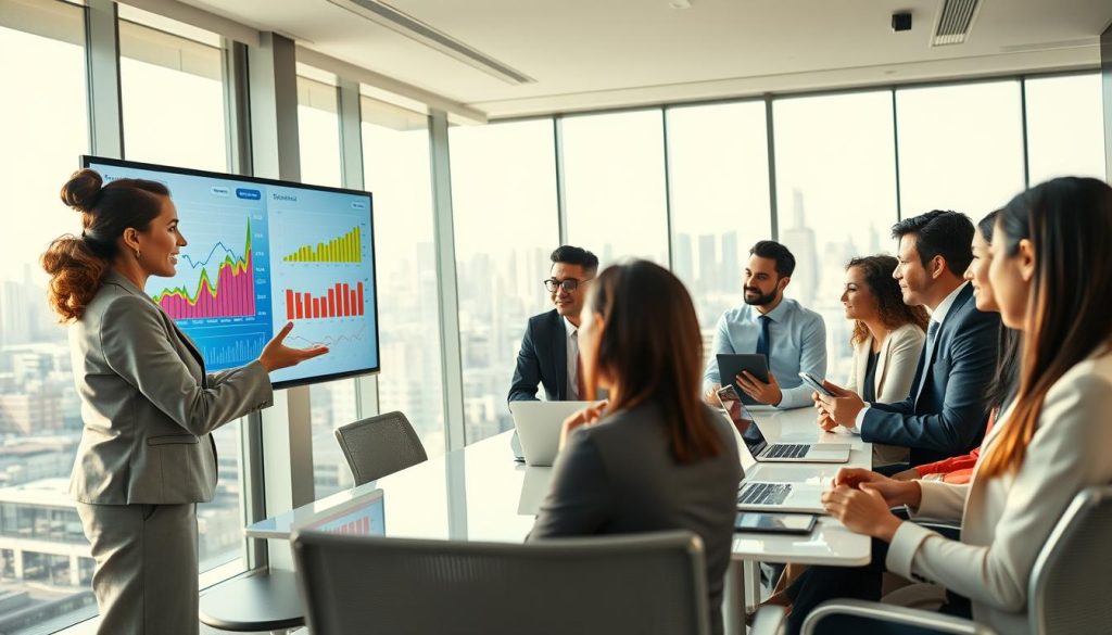 A modern office environment bustling with activity, showcasing a diverse team of emerging fund managers engaging in a collaborative meeting. In the foreground, a confident female manager in professional attire is presenting financial data on a large digital screen, with colorful graphs and fund performance metrics displayed. In the middle ground, team members of various ethnicities, also dressed in business attire, are gathered around a sleek conference table, engaged in discussions, using tablets and laptops. In the background, large windows reveal a city skyline under soft daylight, creating a bright and optimistic atmosphere. The overall lighting is bright and natural, reflecting professionalism and innovation, with a focus on teamwork and digital strategies for streamlined fund formation.