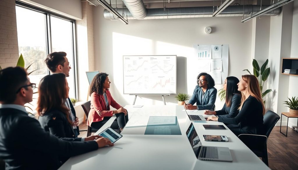 A modern office environment focused on capital readiness and process clarity. In the foreground, a diverse group of three professionals in business attire are engaged in a vibrant discussion around a sleek conference table, with charts and graphs digitally displayed on a screen behind them. In the middle ground, bright natural light streams through large windows illuminating the room, highlighting a whiteboard filled with strategic plans. The background features minimalist decor, plants, and technology like laptops and tablets, emphasizing an innovative atmosphere. The image conveys a sense of collaboration and professionalism, with a focus on clarity and strategic thinking, using a high-angle view to capture the dynamics within the space.