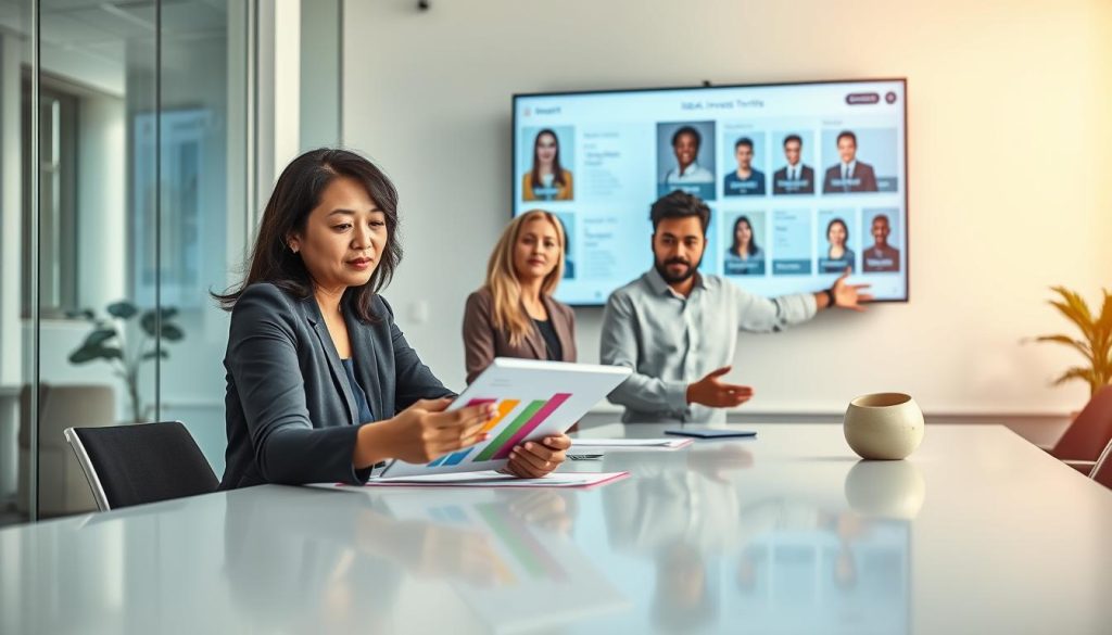 A modern office environment setting, with a diverse group of four professionals working collaboratively at a sleek conference table. In the foreground, a woman of Asian descent is analyzing colorful graphs on a digital tablet, while a Black man gestures thoughtfully. In the middle, a Caucasian woman takes notes, and a Hispanic man points to a large wall-mounted screen displaying profiles of ideal investors. The background features large windows with natural light streaming in, creating a bright and energetic atmosphere. The scene should convey focus and optimism, with soft lighting and a shallow depth of field to emphasize the team's dynamic interaction in developing strategic investor profiles. A modern office environment setting, with a diverse group of four professionals working collaboratively at a sleek conference table. In the foreground, a woman of Asian descent is analyzing colorful graphs on a digital tablet, while a Black man gestures thoughtfully. In the middle, a Caucasian woman takes notes, and a Hispanic man points to a large wall-mounted screen displaying profiles of ideal investors. The background features large windows with natural light streaming in, creating a bright and energetic atmosphere. The scene should convey focus and optimism, with soft lighting and a shallow depth of field to emphasize the team's dynamic interaction in developing strategic investor profiles.