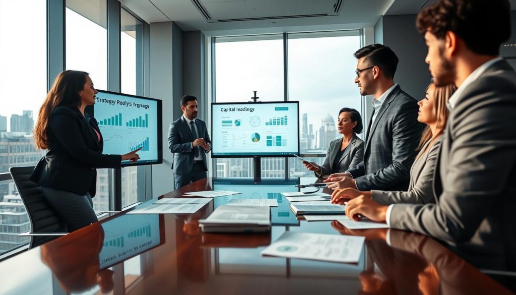 A modern office environment showcasing a diverse group of four professionals engaged in a strategy meeting. In the foreground, a woman in a smart business suit points to a digital presentation on a sleek projector screen, depicting charts and graphs related to capital readiness. Beside her, a man in a tailored suit takes notes on a tablet, while two colleagues discuss ideas thoughtfully. The middle of the scene features a polished conference table laden with documents and financial reports, reflecting an organized, focused atmosphere. In the background, large windows reveal a city skyline, bathing the room in natural light that enhances the professional mood. The overall ambiance feels dynamic and strategic, emphasizing collaboration and innovation. The image should capture the essence of preparing for investment opportunities in a startup environment. A modern office environment showcasing a diverse group of four professionals engaged in a strategy meeting. In the foreground, a woman in a smart business suit points to a digital presentation on a sleek projector screen, depicting charts and graphs related to capital readiness. Beside her, a man in a tailored suit takes notes on a tablet, while two colleagues discuss ideas thoughtfully. The middle of the scene features a polished conference table laden with documents and financial reports, reflecting an organized, focused atmosphere. In the background, large windows reveal a city skyline, bathing the room in natural light that enhances the professional mood. The overall ambiance feels dynamic and strategic, emphasizing collaboration and innovation. The image should capture the essence of preparing for investment opportunities in a startup environment.