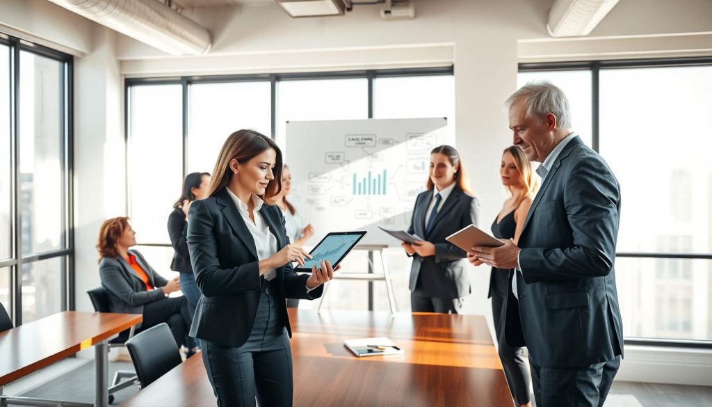 A modern office environment showcasing a diverse group of professionals engaged in a collaborative meeting. In the foreground, a confident woman in a tailored suit points to a digital financial chart displayed on a sleek tablet, while a man in business casual attire takes notes enthusiastically. In the middle, a whiteboard filled with flowcharts and process diagrams illustrates clarity in capital readiness. The background features large windows with natural light streaming in, creating a bright and optimistic atmosphere. Soft shadows and reflections on polished wood tables add depth. The image conveys a sense of teamwork and strategic planning, emphasizing the importance of clear processes in securing funding. A modern office environment showcasing a diverse group of professionals engaged in a collaborative meeting. In the foreground, a confident woman in a tailored suit points to a digital financial chart displayed on a sleek tablet, while a man in business casual attire takes notes enthusiastically. In the middle, a whiteboard filled with flowcharts and process diagrams illustrates clarity in capital readiness. The background features large windows with natural light streaming in, creating a bright and optimistic atmosphere. Soft shadows and reflections on polished wood tables add depth. The image conveys a sense of teamwork and strategic planning, emphasizing the importance of clear processes in securing funding.