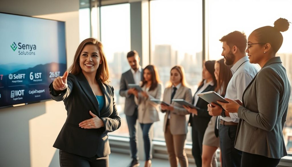 A modern office environment showcasing a diverse group of professionals engaged in a strategic meeting, embodying collaboration and innovation. In the foreground, a confident woman in a smart blazer gestures towards a digital presentation screen displaying logos of Senya Solutions and various IoT devices. In the middle ground, a diverse team, including men and women of various ethnicities, attentively discusses and analyzes data on tablets and laptops, emanating a sense of focused teamwork. The background features large windows with a view of a city skyline, illuminated by warm afternoon sunlight, creating an optimistic atmosphere. The overall mood reflects professionalism, creativity, and a forward-thinking approach to capital support in the IoT sector, captured with a shallow depth of field to emphasize the interaction among team members.