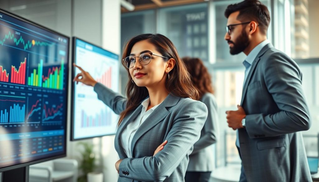 A modern office environment showcasing a team of diverse professionals in business attire collaboratively analyzing data on large screens. In the foreground, a confident woman is pointing at a data visualization, her expression focused and engaged. In the middle, a large digital display shows colorful graphs and charts illustrating financial trends, embodying the concept of data-driven validation. The background features a bright and airy office with glass walls, reflecting an innovative atmosphere. Soft natural light streams in, creating an uplifting mood. The scene is captured from a slightly elevated angle, providing a dynamic perspective of the workspace, emphasizing collaboration and the importance of operating proof in investment decisions. A modern office environment showcasing a team of diverse professionals in business attire collaboratively analyzing data on large screens. In the foreground, a confident woman is pointing at a data visualization, her expression focused and engaged. In the middle, a large digital display shows colorful graphs and charts illustrating financial trends, embodying the concept of data-driven validation. The background features a bright and airy office with glass walls, reflecting an innovative atmosphere. Soft natural light streams in, creating an uplifting mood. The scene is captured from a slightly elevated angle, providing a dynamic perspective of the workspace, emphasizing collaboration and the importance of operating proof in investment decisions.