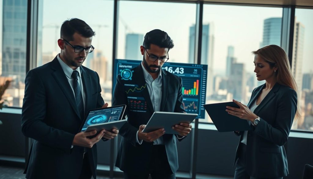 A modern office environment showcasing advanced technology for investor identification. In the foreground, a diverse group of three professionals in business attire—two men and one woman—working collaboratively on digital tablets displaying complex graphs and analytical data. In the middle ground, a large interactive screen behind them illustrates AI algorithms and investor profiles, the data glowing with vibrant colors. The background features a sleek cityscape visible through large glass windows, bathed in natural daylight. Soft shadows create an inviting atmosphere, emphasizing innovation and teamwork. The mood is focused and dynamic, reflecting the synergy between technology and investment strategy. The overall composition highlights a blend of professionalism and sophistication, capturing the essence of leveraging technology in finance.