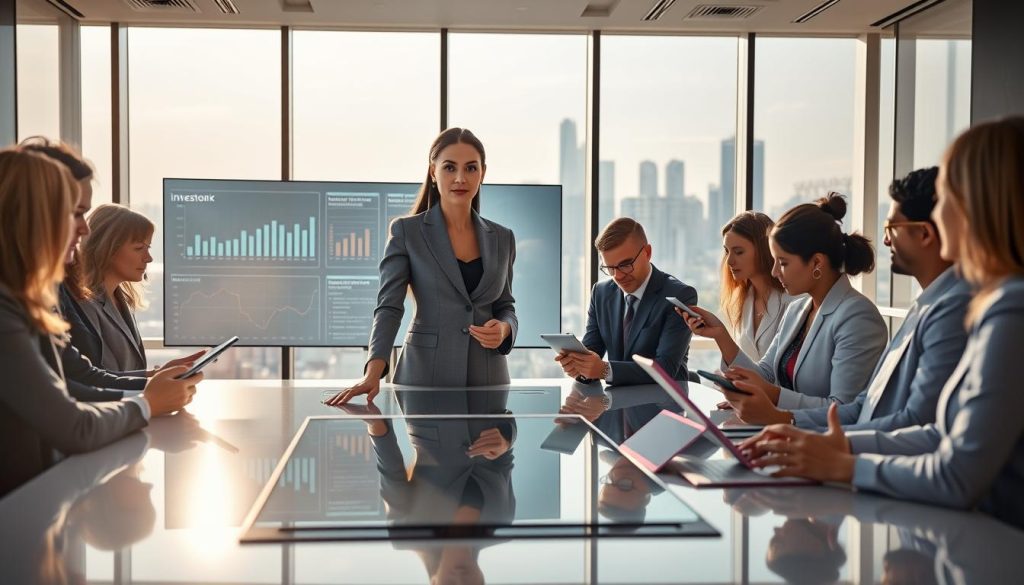 A modern office environment with a futuristic twist, showcasing a diverse group of professionals collaborating around a high-tech conference table. The foreground features a confident woman in a tailored business suit, presenting data on a large interactive screen displaying graphs and investor analytics. In the middle ground, colleagues engage with tablets and digital devices, showcasing various investor relations technologies. The background reveals panoramic city views through large windows, enhanced by ambient sunlight streaming in, creating a vibrant atmosphere. The lighting is bright and professional, capturing the essence of innovation and teamwork, with a sleek and minimalistic design aesthetic. Focus on conveying an energetic yet focused mood, reflecting the synergy between technology and investor relations. A modern office environment with a futuristic twist, showcasing a diverse group of professionals collaborating around a high-tech conference table. The foreground features a confident woman in a tailored business suit, presenting data on a large interactive screen displaying graphs and investor analytics. In the middle ground, colleagues engage with tablets and digital devices, showcasing various investor relations technologies. The background reveals panoramic city views through large windows, enhanced by ambient sunlight streaming in, creating a vibrant atmosphere. The lighting is bright and professional, capturing the essence of innovation and teamwork, with a sleek and minimalistic design aesthetic. Focus on conveying an energetic yet focused mood, reflecting the synergy between technology and investor relations.