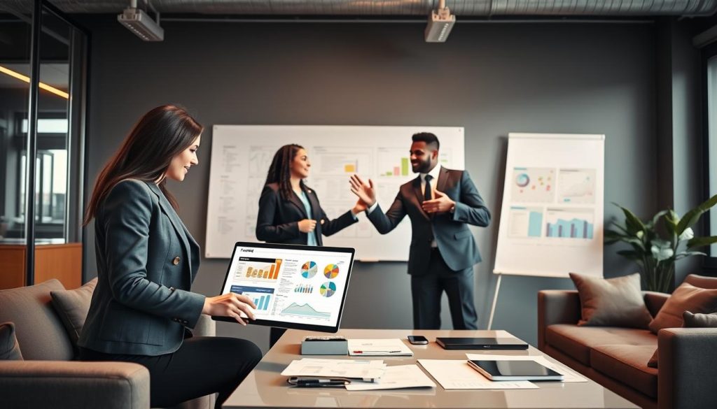 A modern office interior with sleek furniture, showcasing a diverse group of four professionals collaboratively working on funding materials for a presentation. In the foreground, a confident woman in a smart business outfit reviews a visually engaging presentation on a laptop, while a man in a tailored suit gestures enthusiastically, sharing ideas. Behind them, a large whiteboard filled with colorful charts and diagrams emphasizes the planning process. The middle ground features a stylish table adorned with printed documents and digital devices. Soft, natural lighting streams through large windows, casting a warm glow across the room, evoking an atmosphere of innovation and determination. The overall mood is one of focus and collaboration, capturing the essence of preparation for fundraising success. A modern office interior with sleek furniture, showcasing a diverse group of four professionals collaboratively working on funding materials for a presentation. In the foreground, a confident woman in a smart business outfit reviews a visually engaging presentation on a laptop, while a man in a tailored suit gestures enthusiastically, sharing ideas. Behind them, a large whiteboard filled with colorful charts and diagrams emphasizes the planning process. The middle ground features a stylish table adorned with printed documents and digital devices. Soft, natural lighting streams through large windows, casting a warm glow across the room, evoking an atmosphere of innovation and determination. The overall mood is one of focus and collaboration, capturing the essence of preparation for fundraising success.