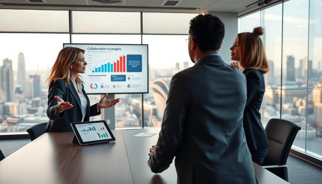 A modern office meeting room featuring a diverse group of three professionals engaged in a strategic discussion. The foreground shows a sleek conference table with a digital tablet displaying charts and graphs related to partnerships. In the middle, a woman in a business suit presents ideas confidently, gesturing towards a wall-mounted screen displaying an infographic on collaboration strategies. Nearby, a man in smart casual attire takes notes, while another woman in business attire leans in, thoughtfully listening. The background captures a panoramic view through large windows, revealing a city skyline bathed in warm afternoon light. The atmosphere is focused, dynamic, and collaborative, emphasizing innovation and teamwork in business growth. The image captures an inspiring moment of partnership in action, showcasing the potential for success through strategic alliances.
